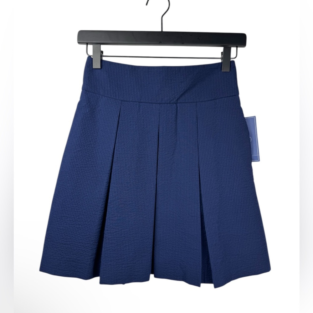 Lauren James Women’s Pleated A-Line‎ Seersucker Skirt Midnight Navy 18.5” XS NWT